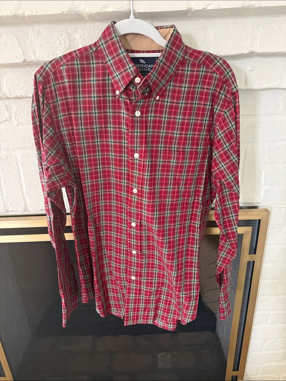 American Living Red Plaid Button-Down Shirt with Green and White Accents